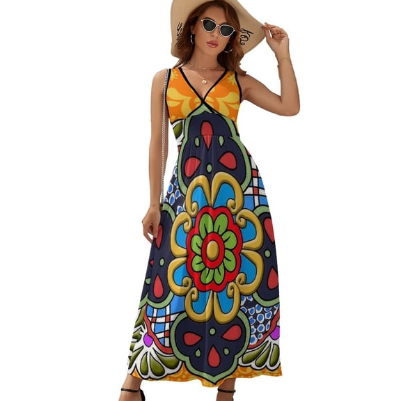 Mexican Talavera Flower Sleeveless Dress Dresses Women Summer Evening Dresses Ladies Bohemia Long Dresses