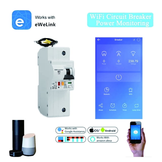 Smart WiFi Circuit Breaker 1P WiFi MCB With Energy Monitoring EWelink APP Wireless Control Compatible ,Comprehensive Energy Data