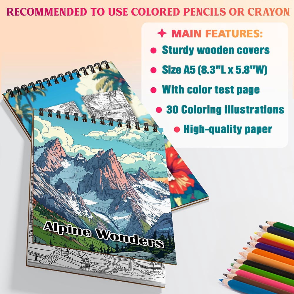 Netecom Alpine Wonders Coloring Book for Adults, A5 Wooden Cover, 30 Scenic Coloring Pages of Miracle Mountains for Stress Relief and Relaxation, Spiral Bound Edition