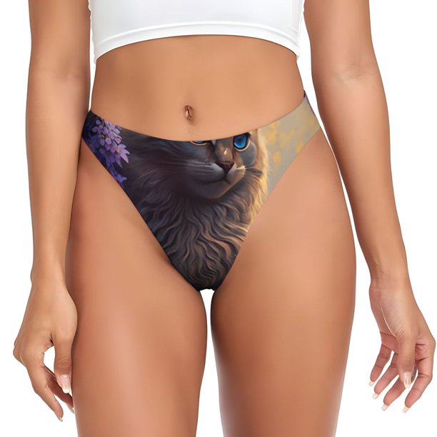 Fotbe Purple Flower Lazy Cat Tanga Sin Costuras para Mujer con Estampado – Panties Invisibles, Transpirables y Cómodos para Uso Diario-Large