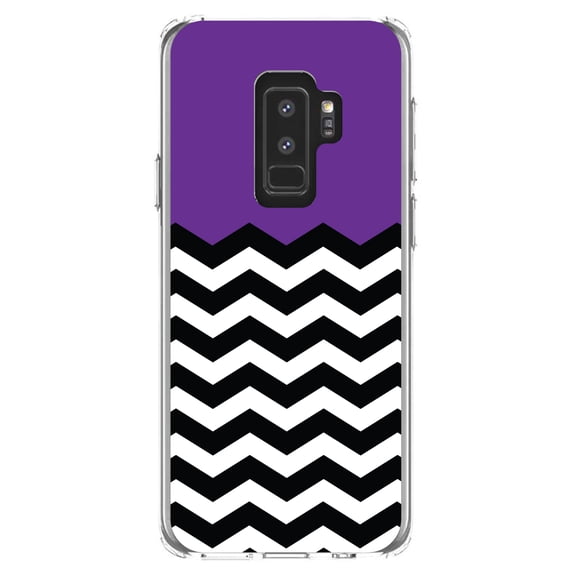 DistinctInk Clear Shockproof Hybrid Case for Samsung Galaxy S9+ PLUS (6.2" Screen) - TPU Bumper, Acrylic Back, Tempered Glass Screen Protector - Black White Purple Chevron - Stripes Pattern