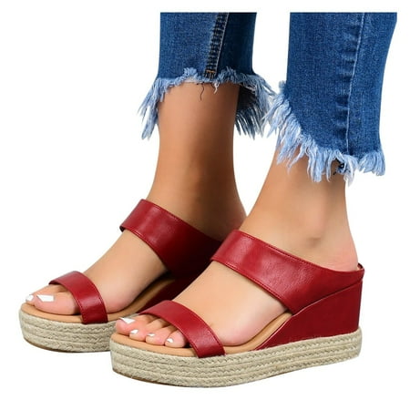 eczipvz Shoes for Women Womens Wedges Womens Espadrille Wedge Sandals Platform Thong Padded Insole Single Vegan Leather Strap Slides Backless Slip On Casual Summer Flip Flops Red