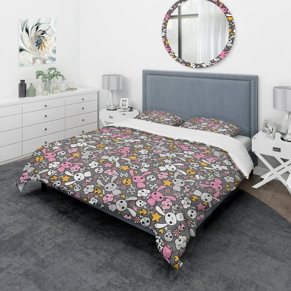 Designart 'Little Rabbit Kawaii with Pink Flowers' Floral Duvet Cover Set