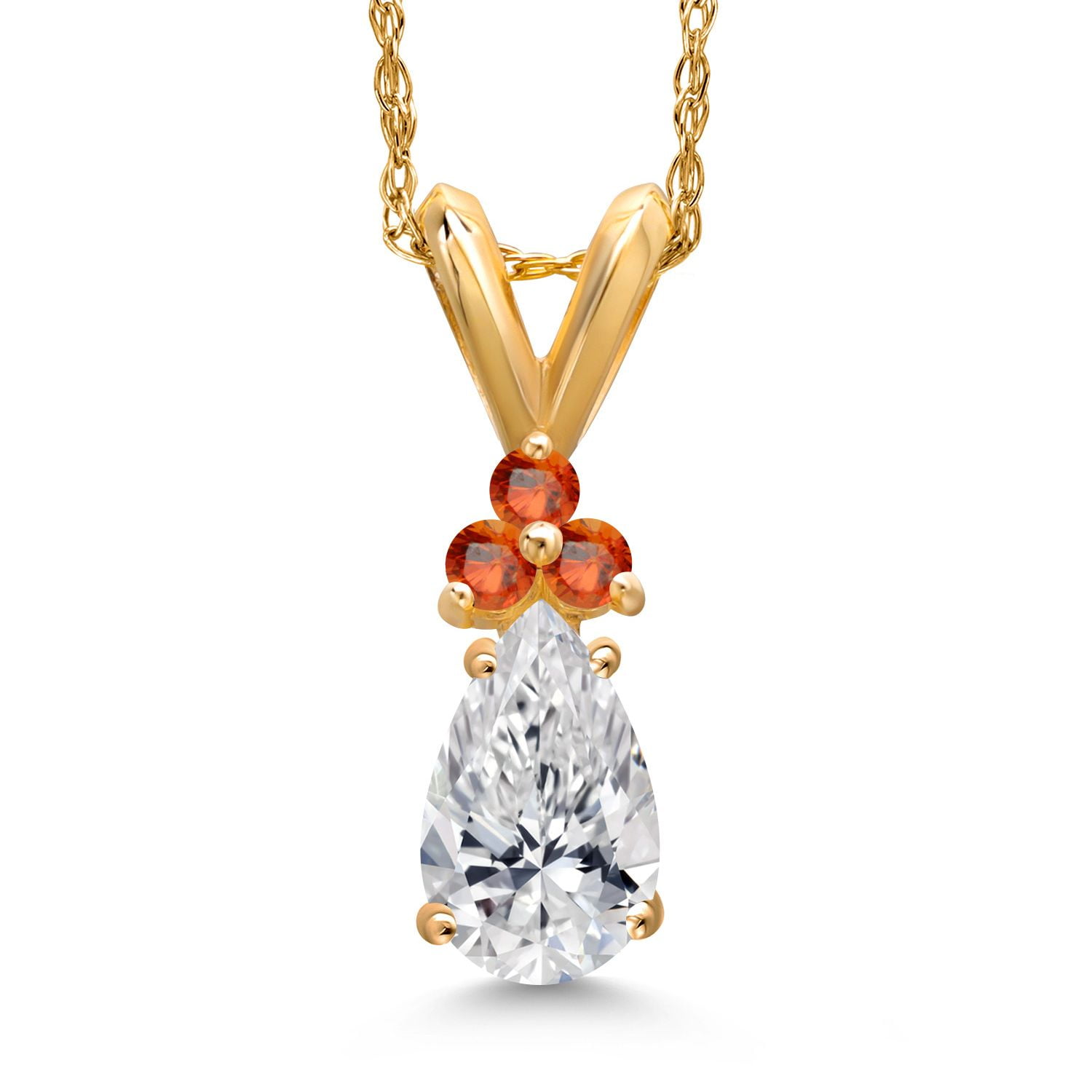 Gem Stone King 14K Yellow Gold DEF Lab Grown Diamond and Orange Sapphire Pendant Necklace for Women | 0.58 Cttw | Gemstone April Birthstone | Pear Shape 7X5MM | With 18 inch Chain
