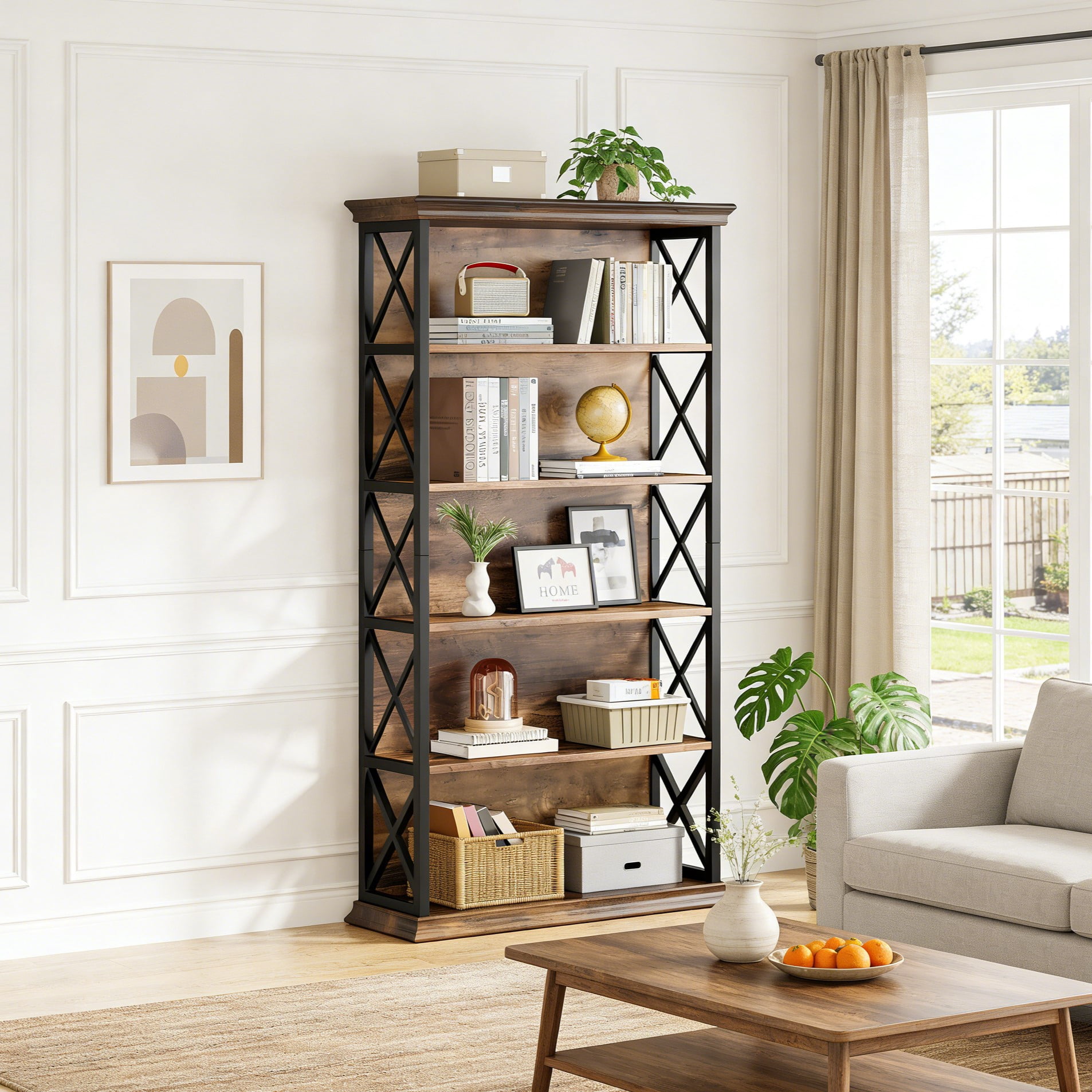 Fnova 71" 5-Tier Tall Bookshelf, Industrial Wood Bookcase with Metal Frame, Floor Standing Display Storage Shelves for Home Office, Living Room, Bedroom