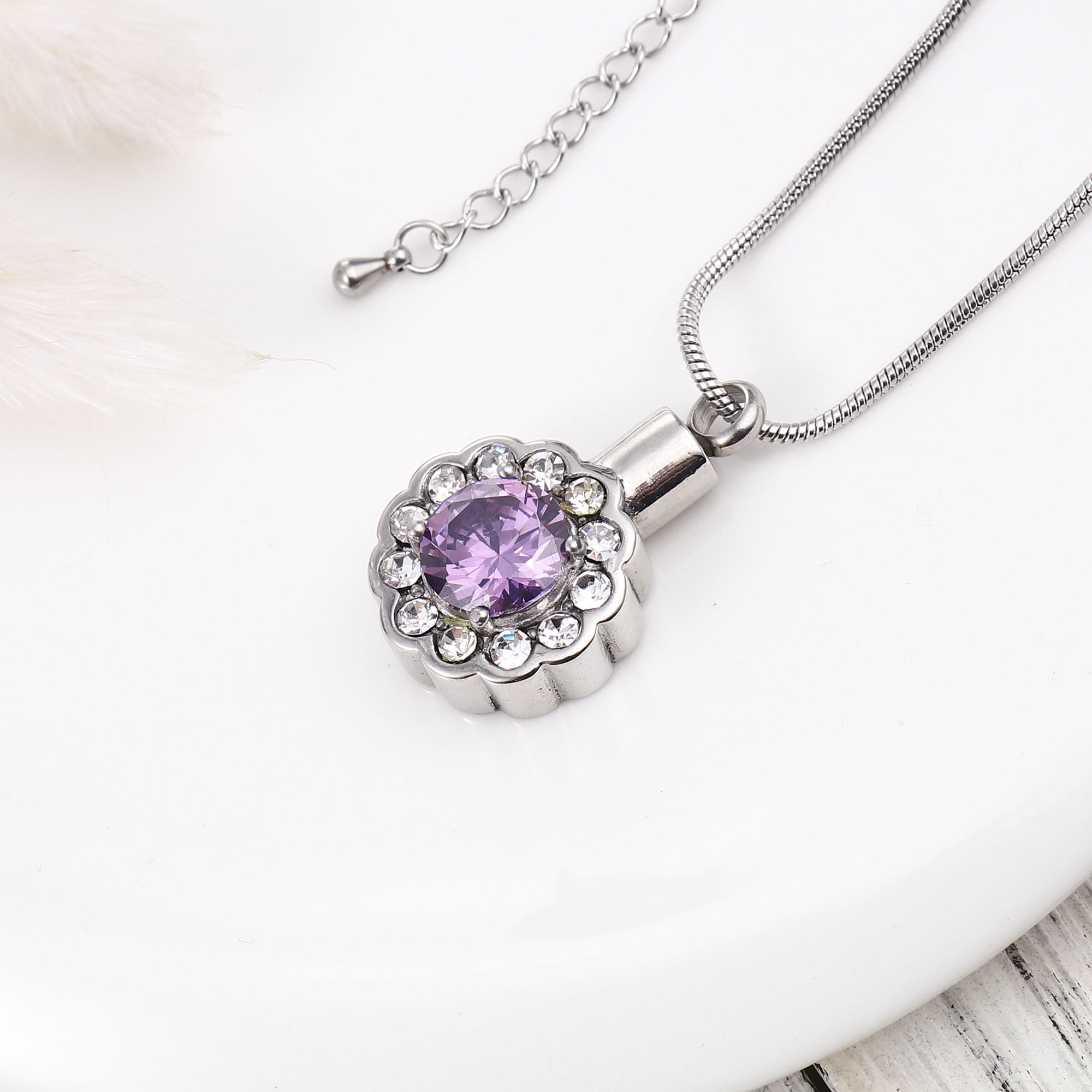 Round Purple Beautiful Crystal Rhinestone Flower Cremation Urn Necklace for Ashes Stainless Steel Memorial Pendant Keepsake Jewelry with Free Funnel Kit and Velvet Jewelry Box