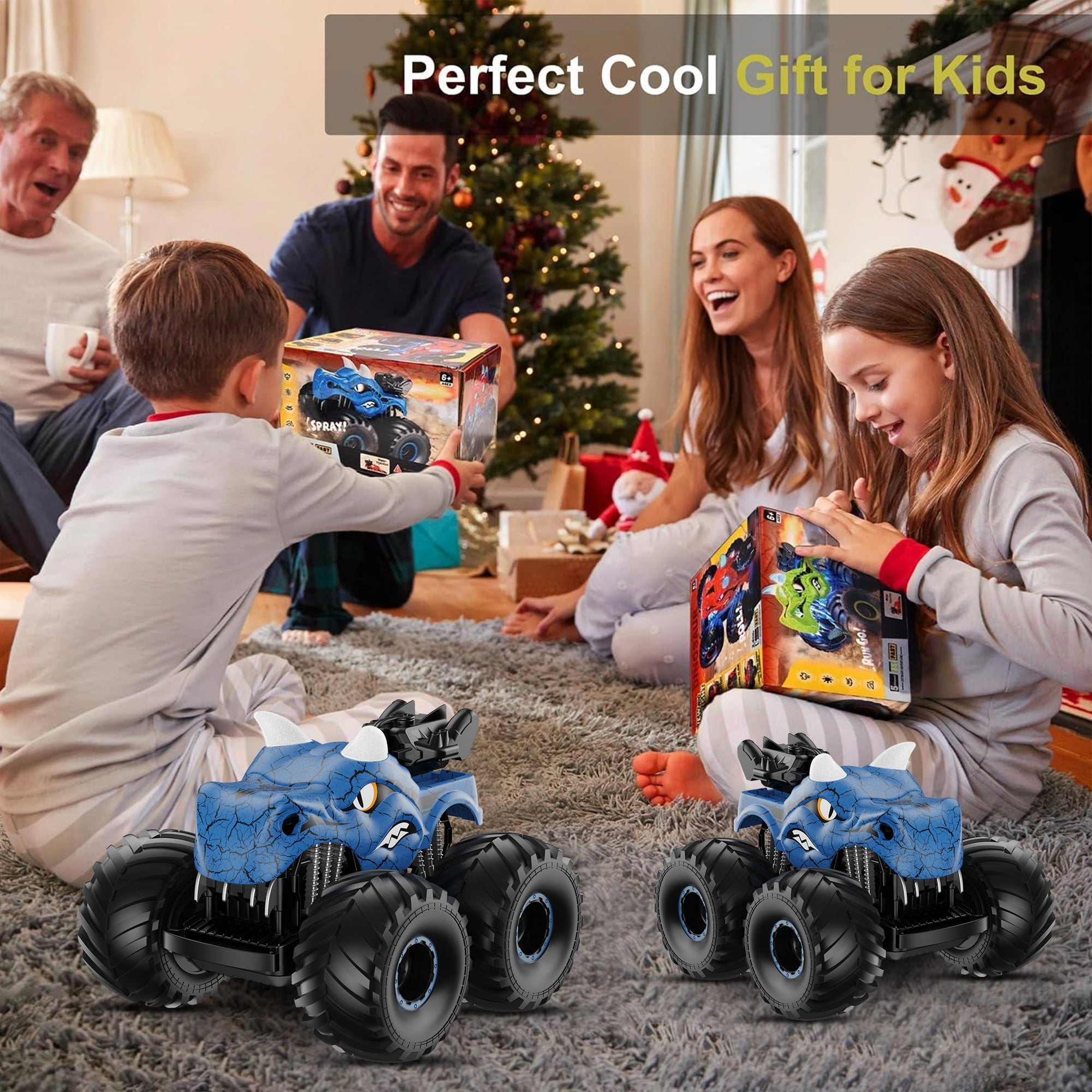 UUGEE Remote Control Dinosaur Car Toys for Boys, 2.4GHz RC Monster Trucks for Boy with Spray, Light & Sound, 360° Rotating All Terrain RC Cars Toys Christmas Birthday Gifts for 5 6 7 8 Kids - Blue
