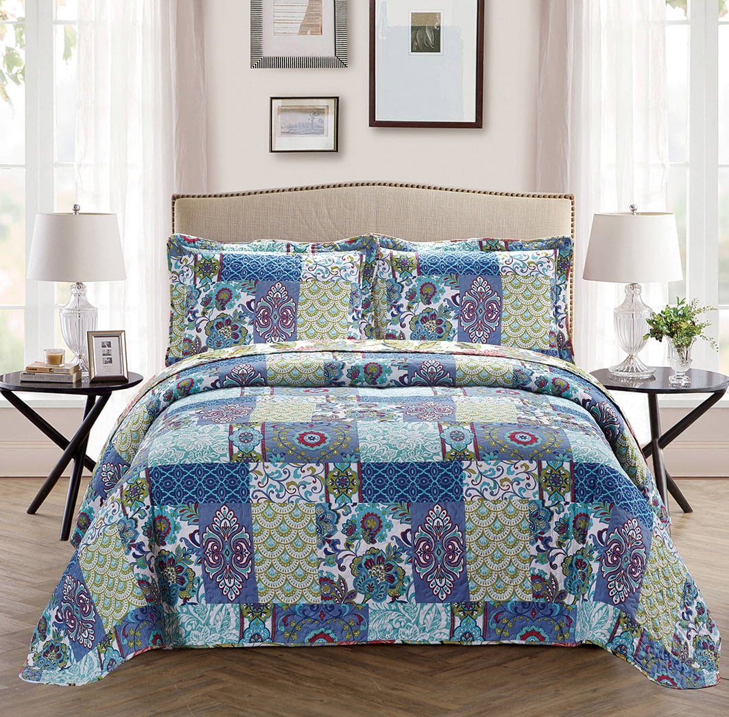 Fancy Linen 3pc Oversize Blue Navy Blue White Bedspread Reversible All Sizes New 