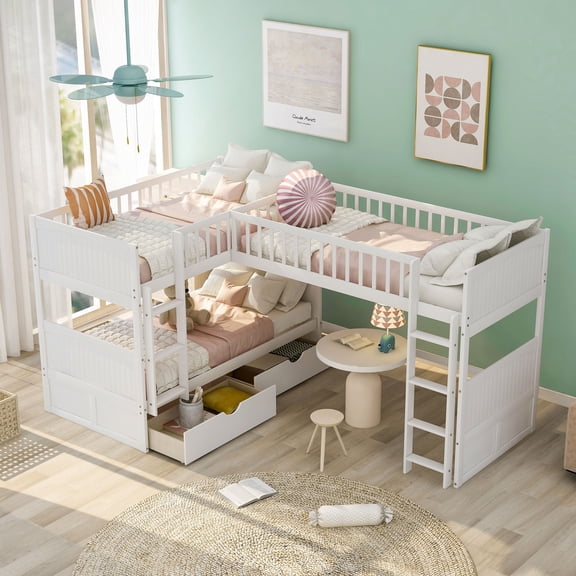 URTR Twin Size Triple Bunk Bed with 2 Drawers and 2 Ladders, L-Shaped Wood Twin Over Twin Bunk Bed with a Loft Bed Attached for Bedroom, White
