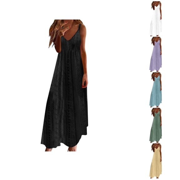 Ahuyic Womens Summer Casual Dress,Womens Plus Size Dress,Womens Casual Holiday Style Hollow Out Long Dress Solid Color Loose Sleeveless-Neck Camisole Dress,Black,M
