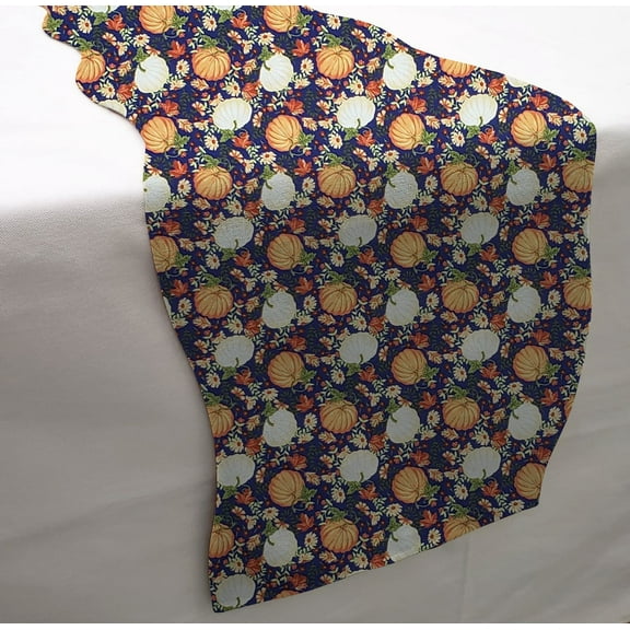 Fall Harvest Table Runner by Penny's Needful Things (3 Feet Long - SCALLOPED) (Pumpkins on Purple)