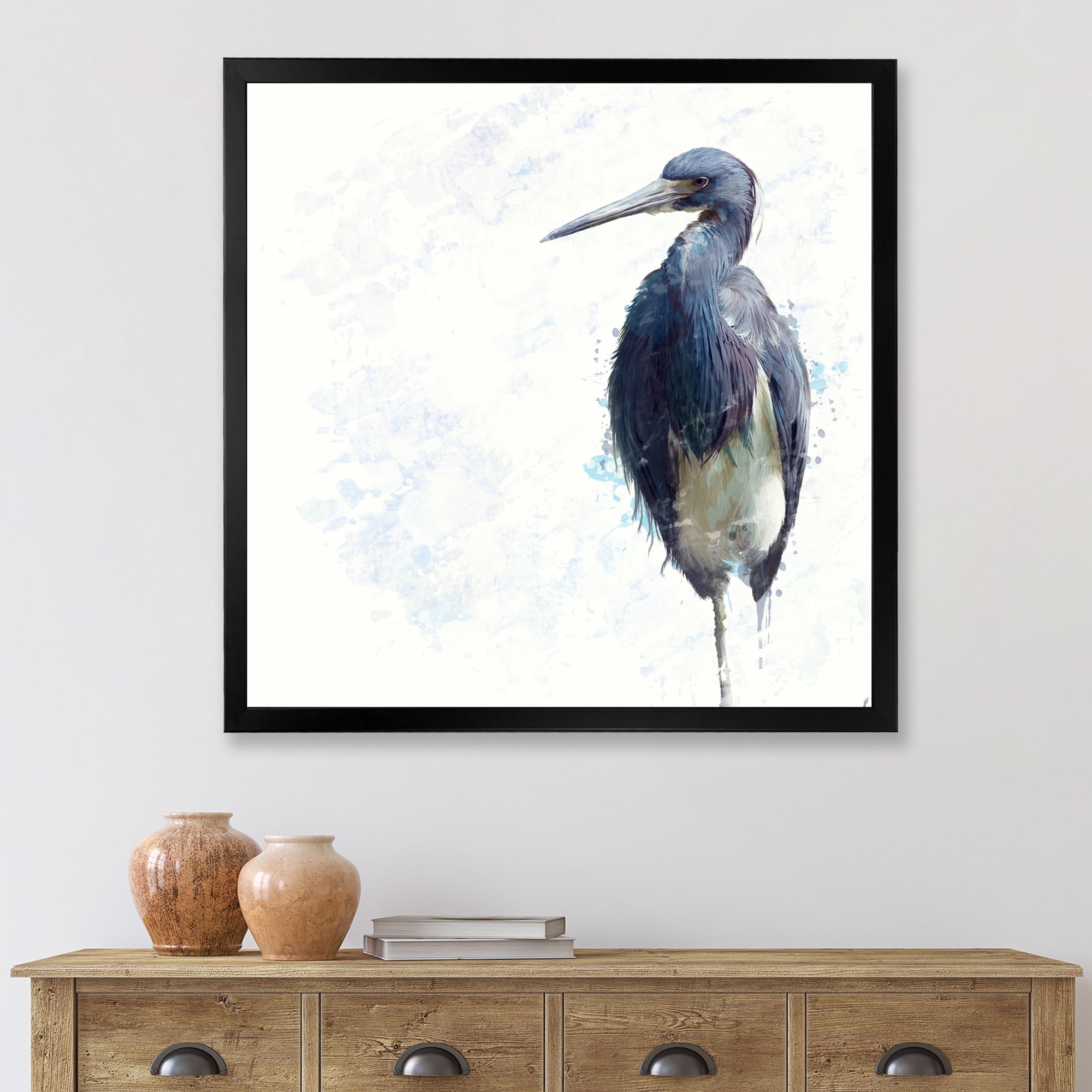 Designart 'Tricolored Heron Bird On White' Farmhouse Framed Art Print