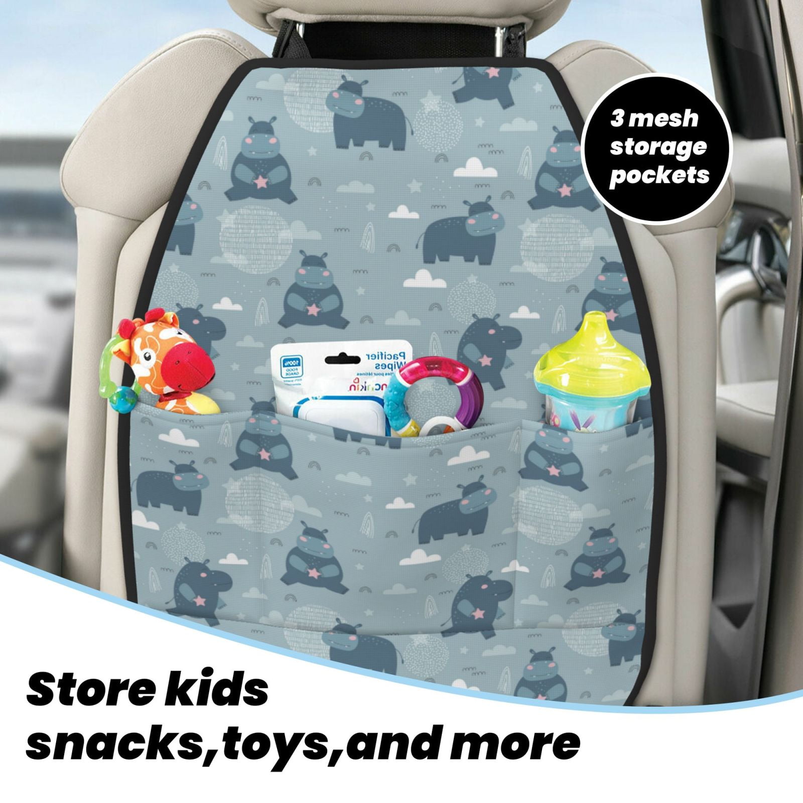 Kdxio Cute Hippopotamus Print 2 Pack Car Kick Mat Seat Cover Back Protector Mat with Pockets for Organizer Backseat Protector and Storage Anti Kick Pad for Vehicles