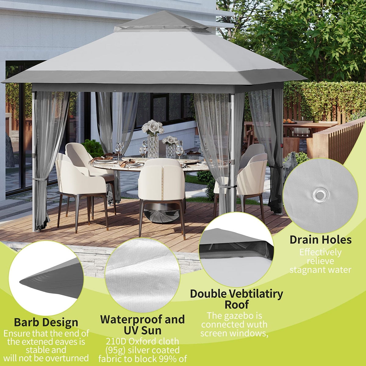 Danolapsi 10x10 FT Gazebo, Canopy Tent with Mosquito Netting, Adjustable Height Outdoor Gazebo with Wheeled Carry Bag for Backyard, Garden, Patio -All-Weather UV/Waterproof Shelter