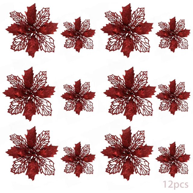 24 flores de Navidad, decoración de flores de Navidad, adornos para árboles de Navidad, poinsettia con purpurina, árbol de Navidad con purpurina, flores artificiales de Navidad, Navidad con purpurina. Adepaton HFP-0473-5