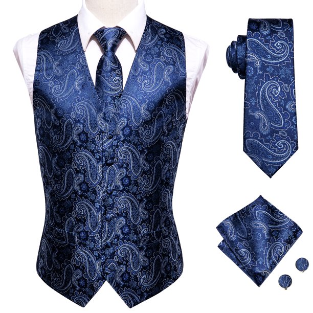 Hi-Tie-Chaleco de seda negro para hombre, conjunto de gemelos y pañuelo con corbata de Jacquard de Cachemira, chaleco Formal de negocios sin mangas con cuello en V