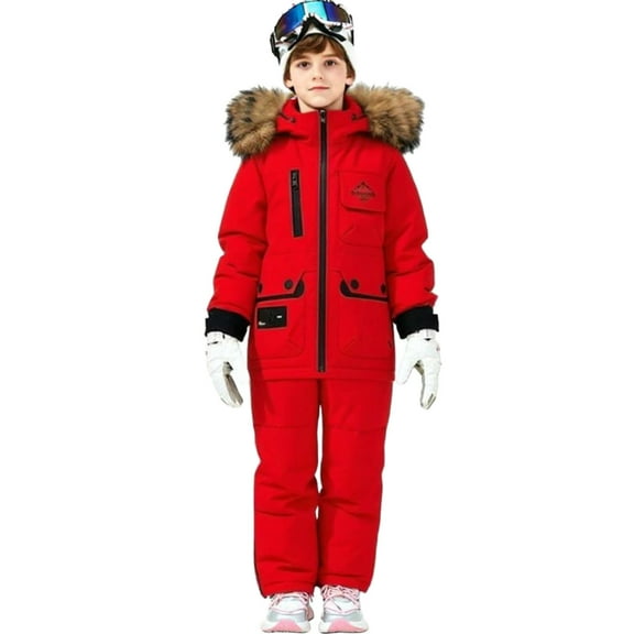FNFYFH Kids 2 Piece Snowsuit Set Girls Winter Hooded Puffer Jacket and Snow Bib Pants Boys Waterpfoof Snowboarding Ski Suits Suits Winter Insulated Outfit