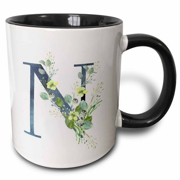 3drose, Blue Monogram Initial N with Pretty Yellow Wild Flowers, 11oz Two-tone Black Mug