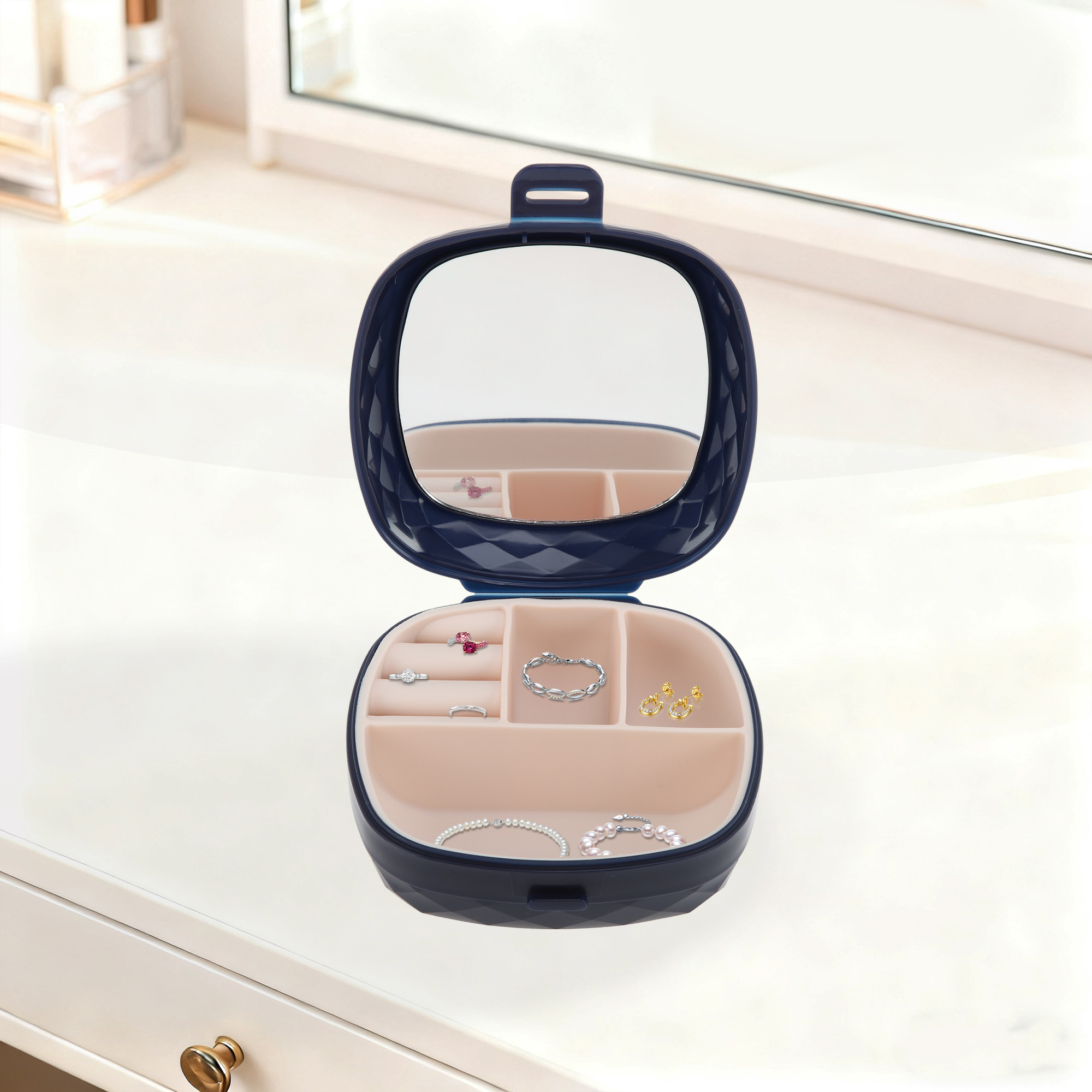 Unique Bargains Multi-Function Stylish Jewelry Box Organizer With Mirror Navy Blue
