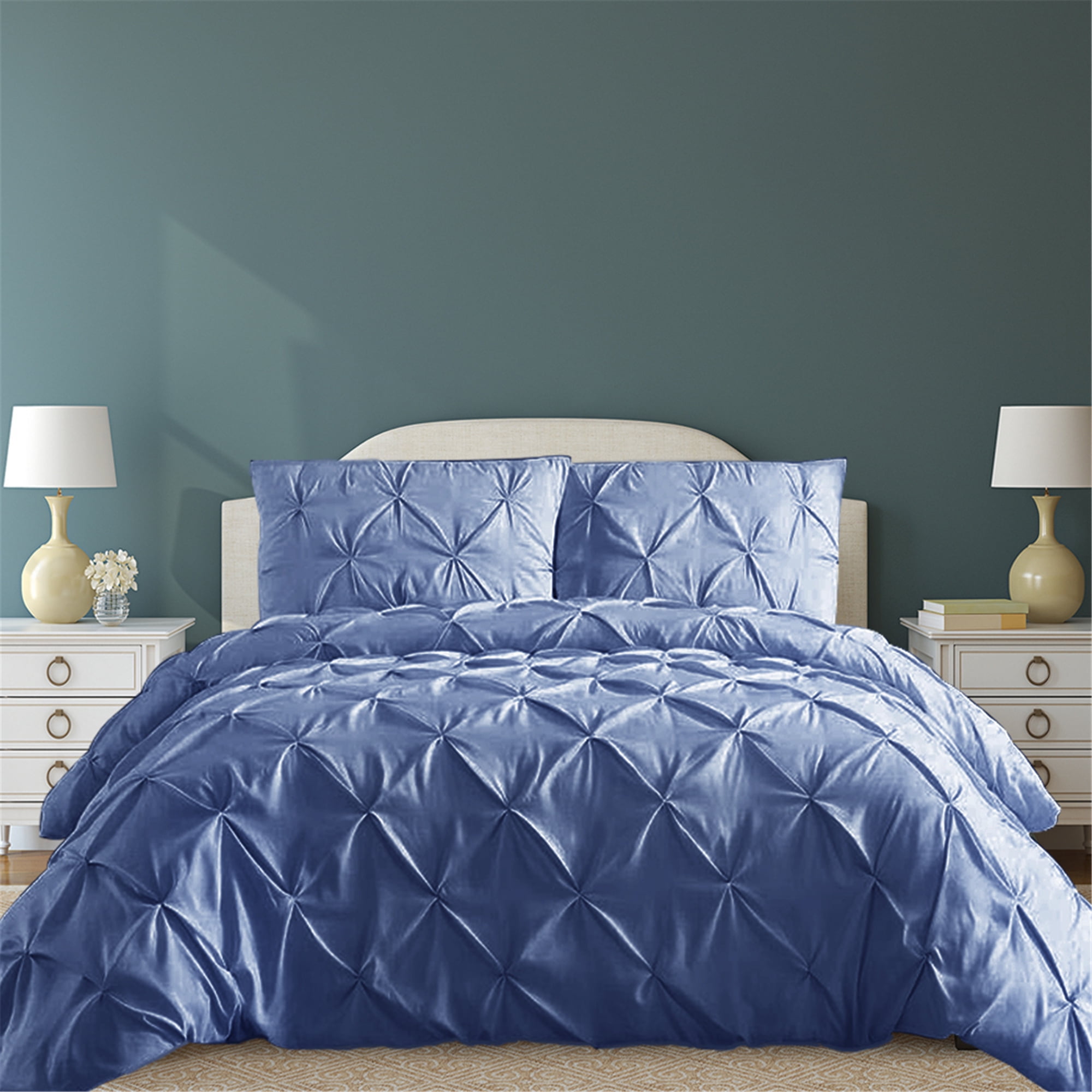 Shatex 3 Pieces Pleated Comforter Sets Queen Blue