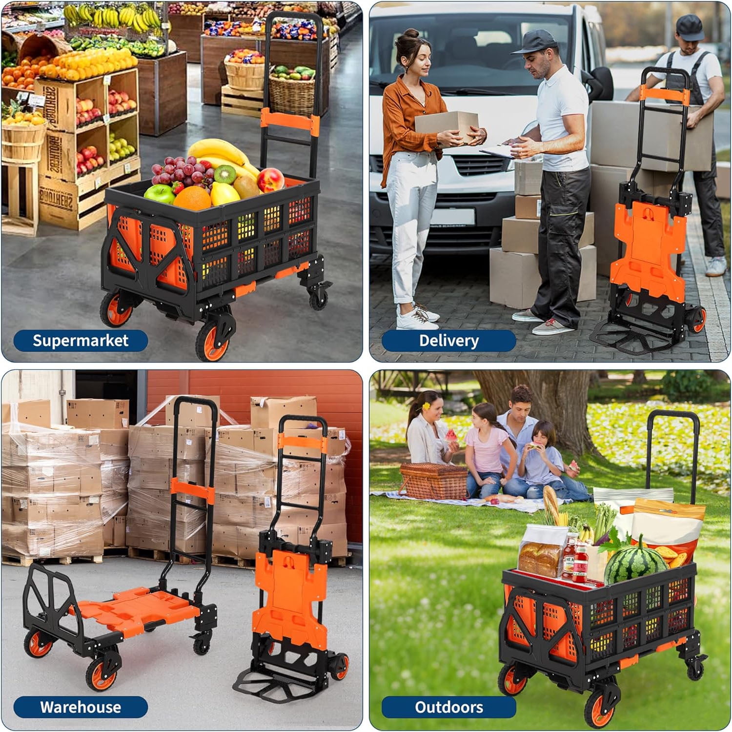 2-in-1 Folding Hand Truck with Foldable Basket, Convertible Folding Hand Cart with Telescoping Handle, Wheels and Bungee Cord, Portable Dolly Cart for Luggage, Moving, Office