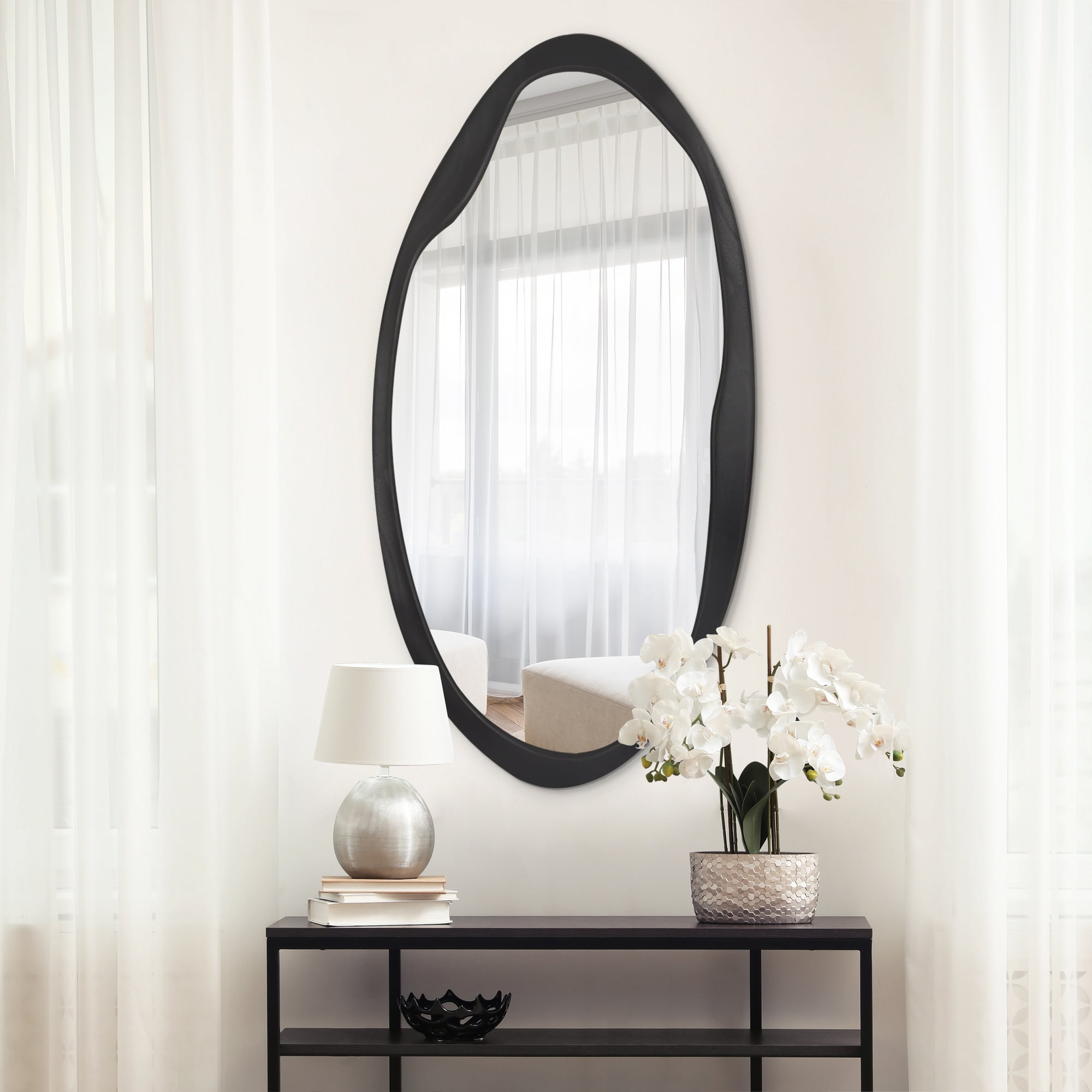 Americanflat 20x40 Organic Shaped Wood Mirror in Black Sycamore - Oval Wall Mirror for Bathroom, Living Room, Entryway Hall, and Decorative Mirror for Bedroom