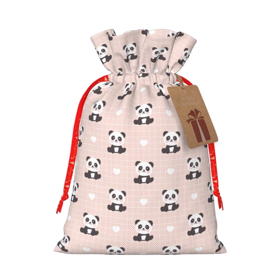 Fuzoiu Cute Panda Print Christmas Gift Bag,Burlap Gift Bag with Drawstring Closure & Hang Tag,Perfect for Holidays, Birthdays, and Special Occasions-Small