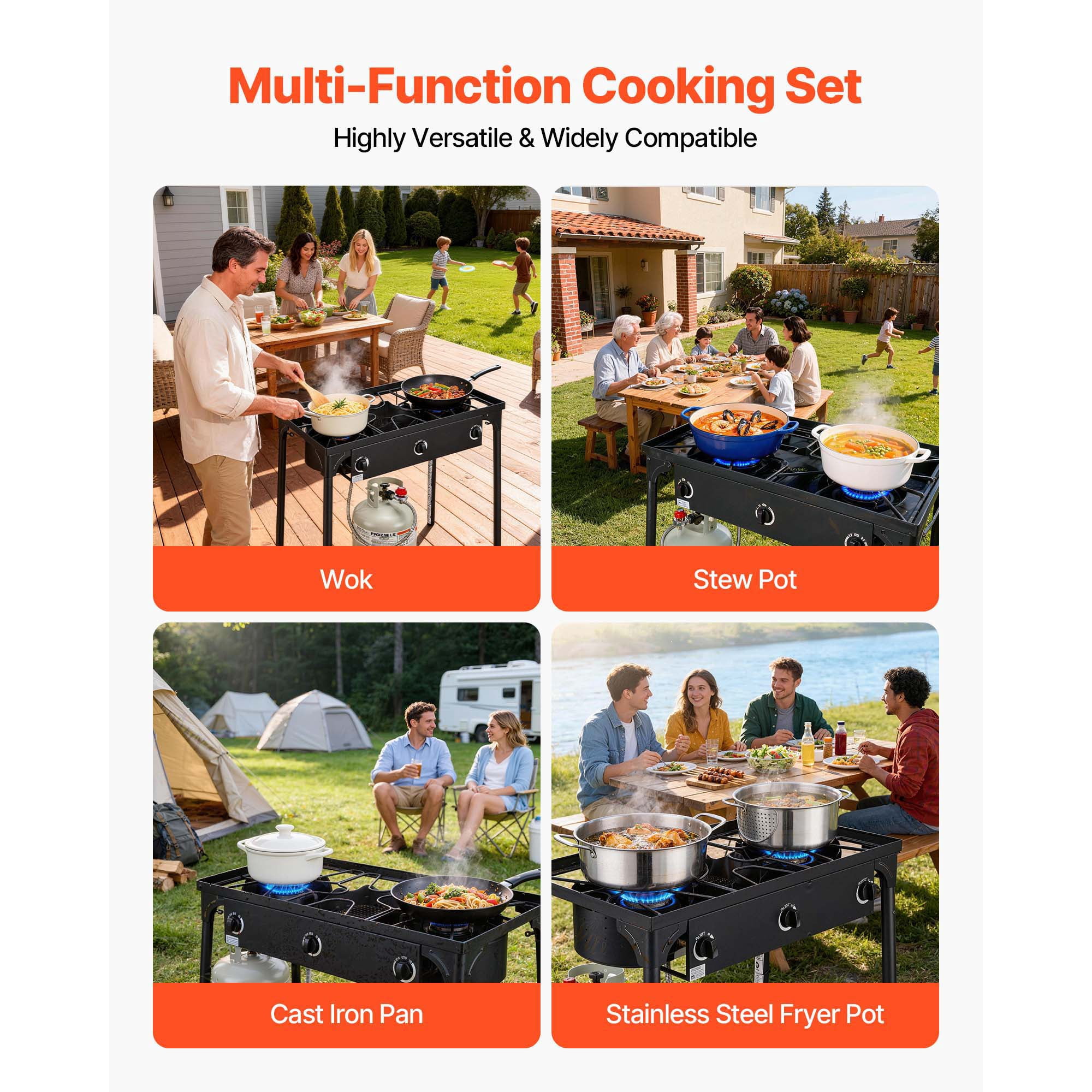 KFFKFF 3-Burner Outdoor Propane Gas Stove, 225,000 BTU LPG Camping Cooker, Durable Carbon Steel Design with Shield, Tall Stand, and Regulator, Ideal for BBQs, Camping, Patios, and Backyards