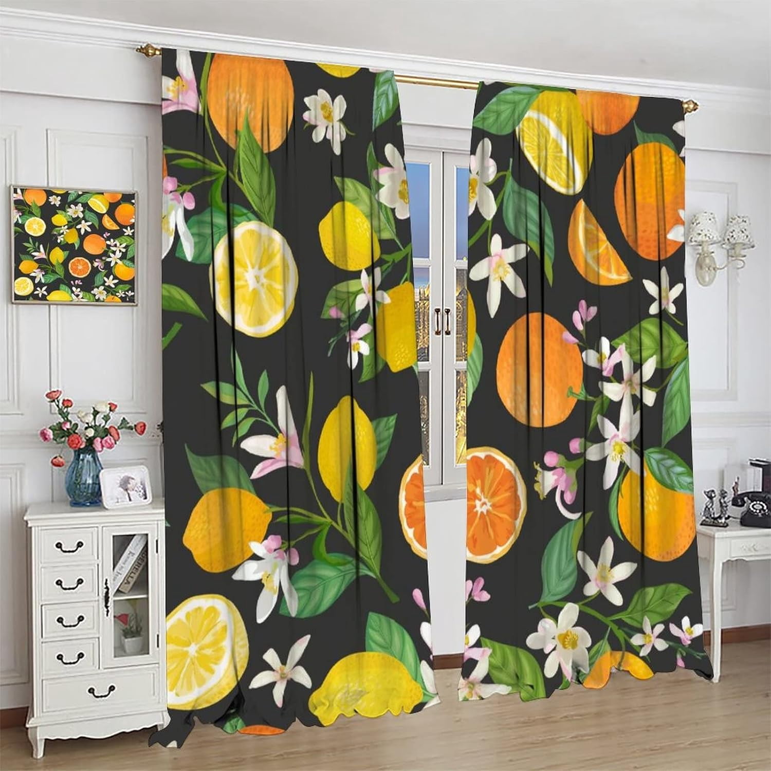 Fruit Lemon Curtains, Tropical Floral Citrus Black Summer Nature Vintage Watercolor, Bedroom Living Room Decor Room Noise Reduction Darkening, 2 Sets of Panels, 42x54 in.