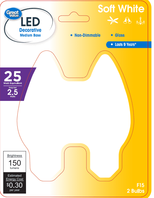 Great Value F15 LED Decor Bulbs, 2.5W (25W Equivalent) Soft White Red Color E26 Medium Base, 2 Pack