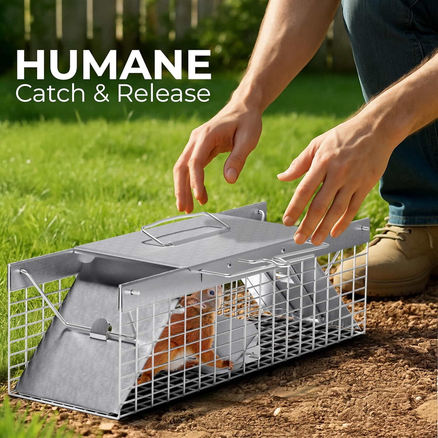 HOMESTEAD Live Rat Trap Indoor/Outdoor, Humane Live-Catch Cage Trap for Squirrel, Chipmunk, Small Rabbit, Weasel & Similar-Size Rodents, 18" x 5" x 5", 2 Doors, Fully Assembled