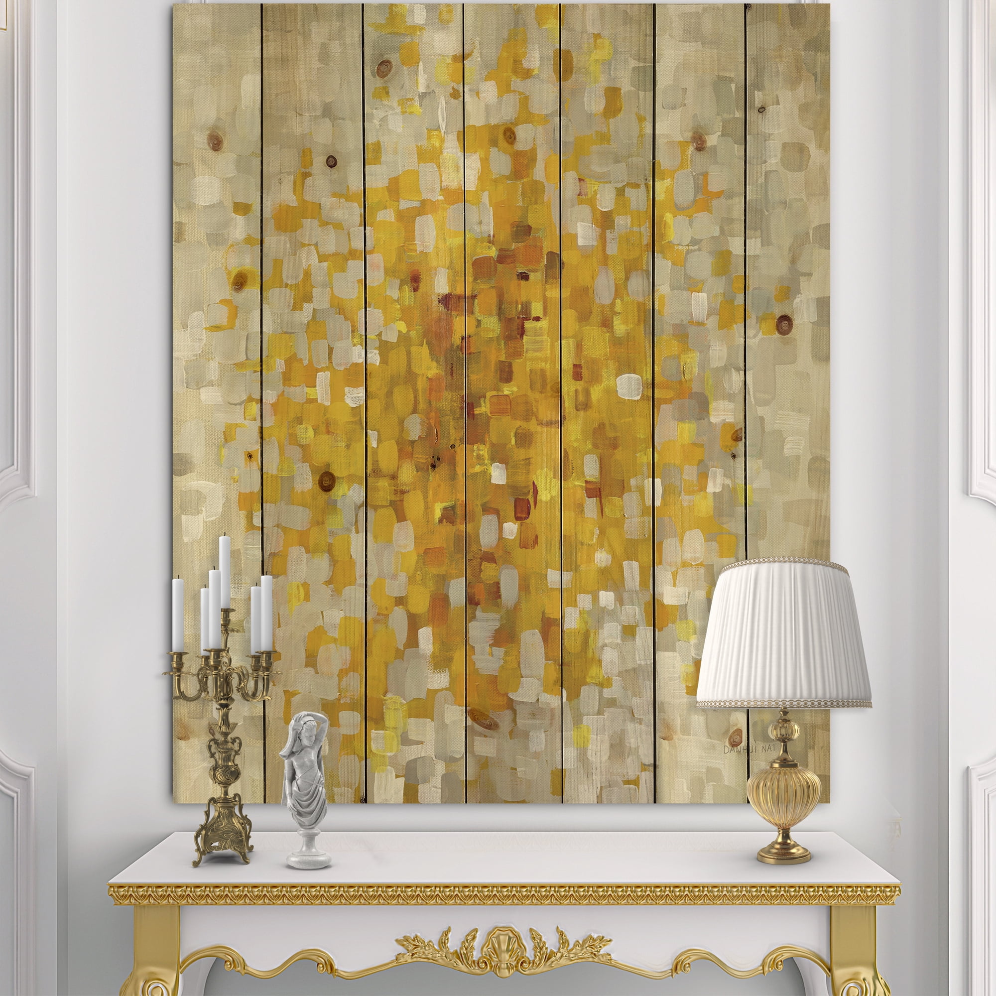 Designart 'Glam Gold Yellow Explosion Blocks' Modern & Transitional Print on Natural Pine Wood