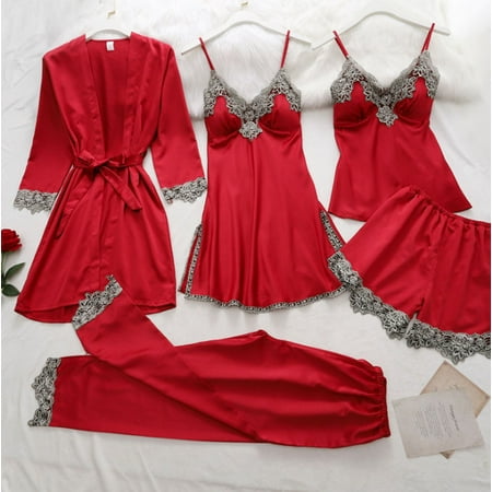 

Women‘s Satin Pajama Set 5Pcs Sexy Sleepwear Silky Pajama Set Lace Cami Pjs With Robe Nightwear