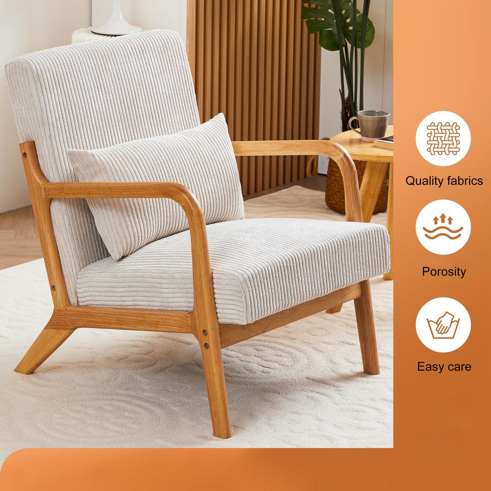 Leumius Modern Arm Chair Upholstered Reading Accent Chair with Pillow & Solid Wood Frame for Living Room Bedroom,Beige 02