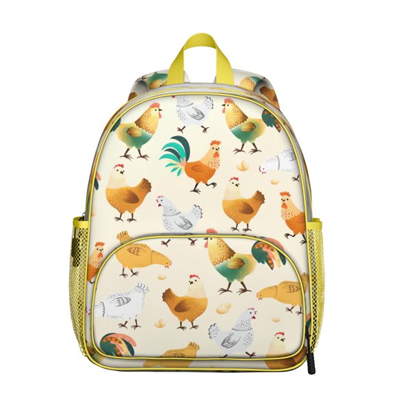 Sac à Dos Étudiant Coq de Ferme – Art de Poule Dessiné à la Main avec Poule, Œuf, Poussin, Poulailler, Motif Floral Rustique et Style Campagnard Aquarelle
