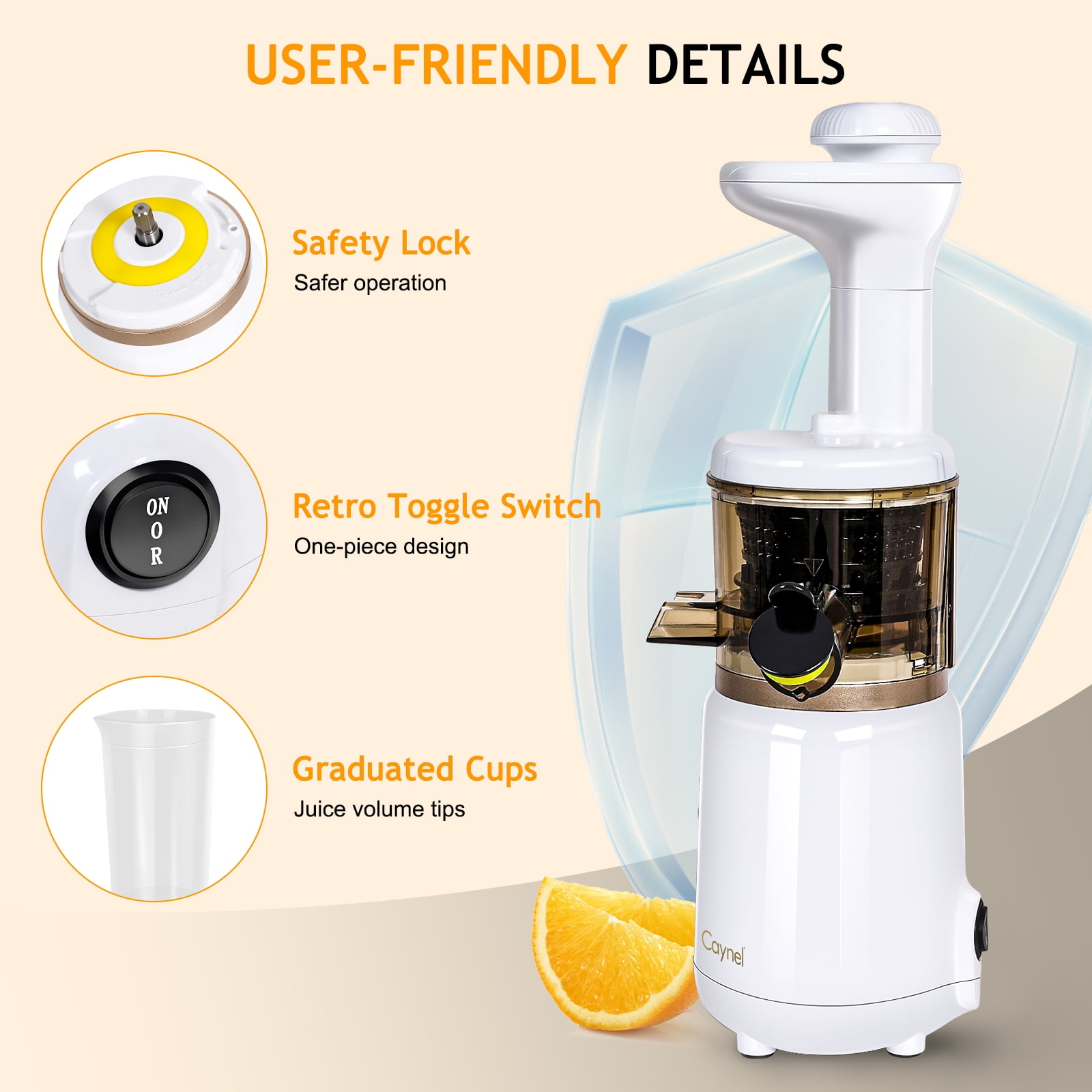 CAYNEL Compact and Portable Cold Press Juice, Masticating Slow Juicer with 1.77” Extra Wide Inlet Funnel,White