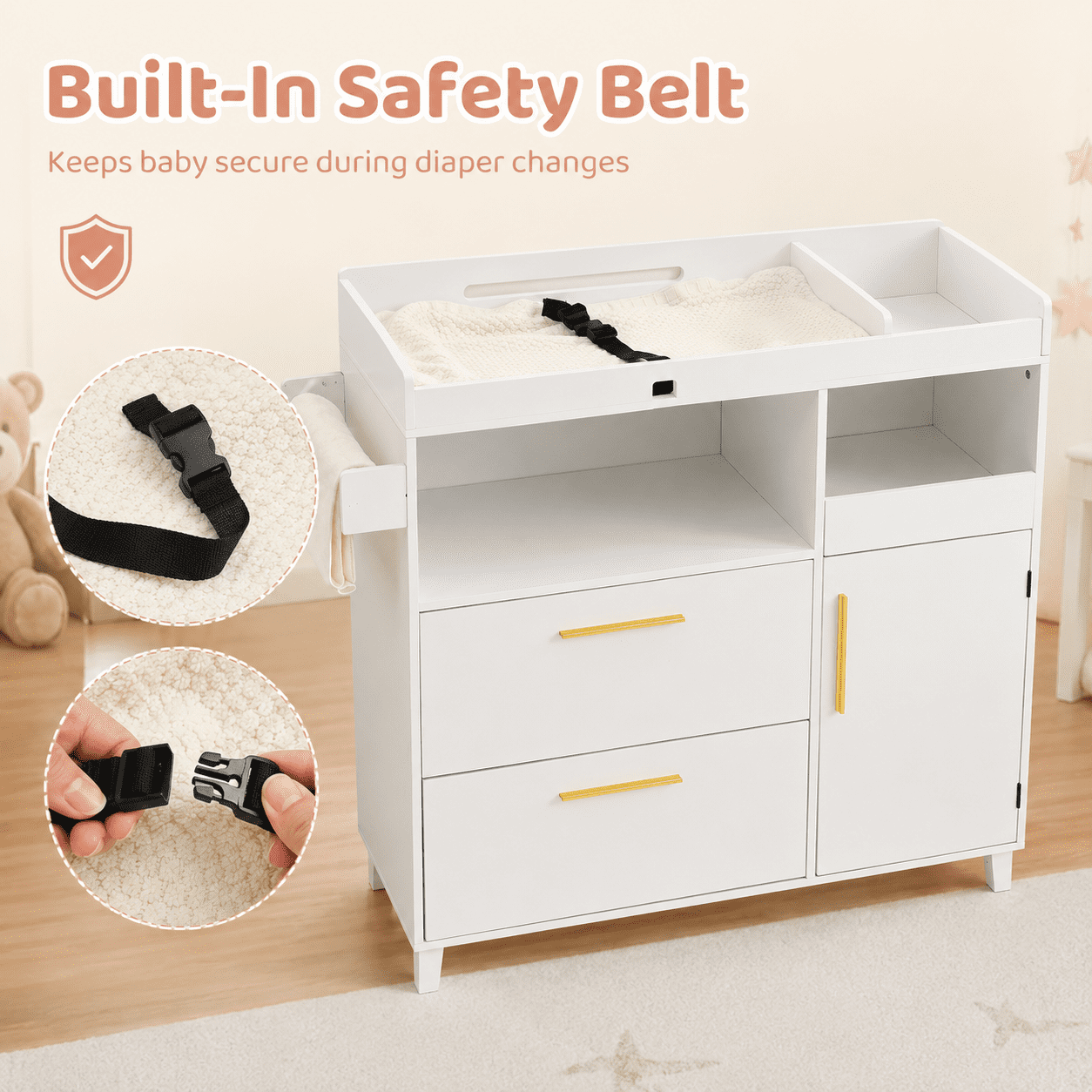 Zimtown 2-1 Baby Changing Table with Drawers & Shelf, Nursery Dresser with Storage, Infant Diaper Changing Station for Children's Room, White