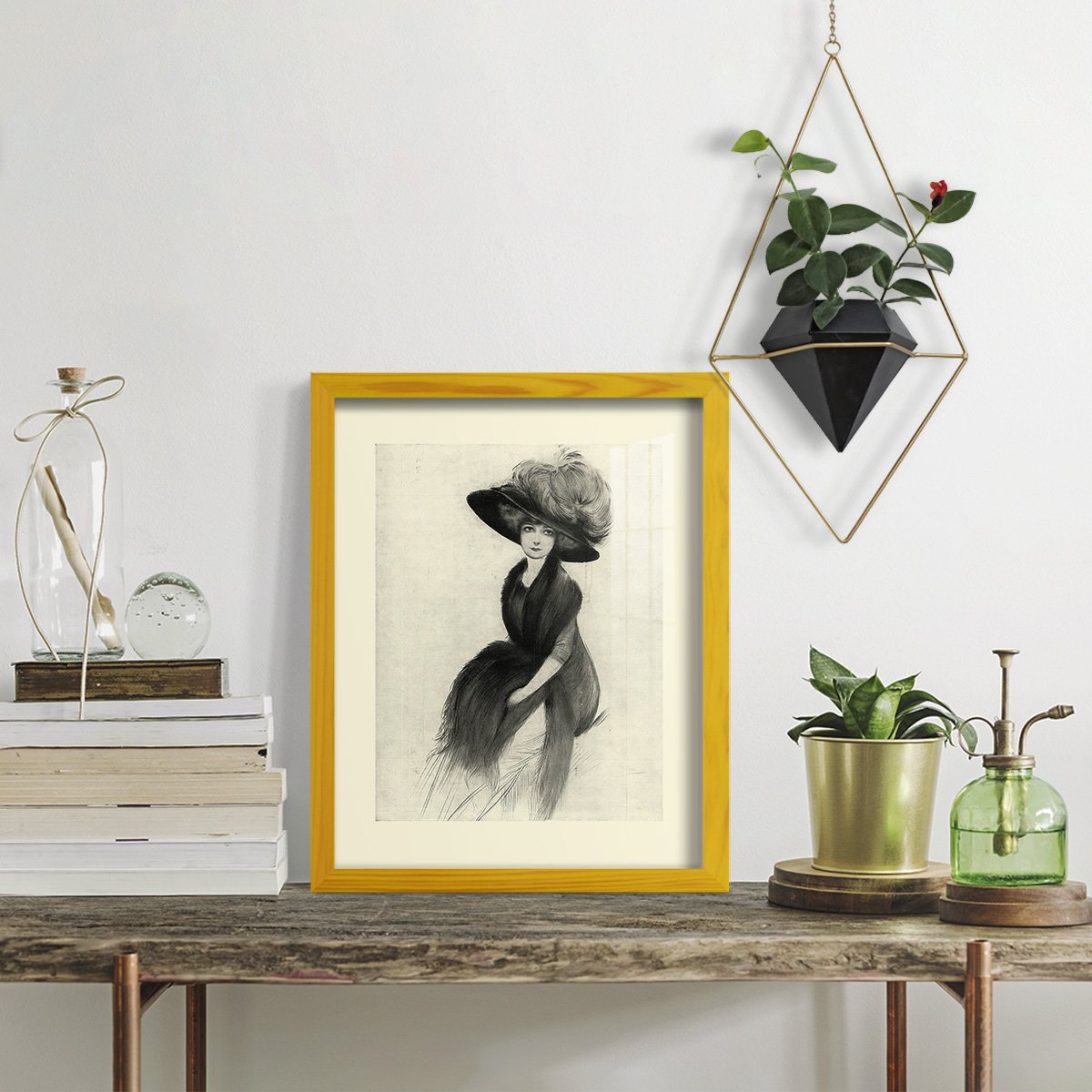 Feather Hat II -Framed Print w/glass-Sunflower Yellow