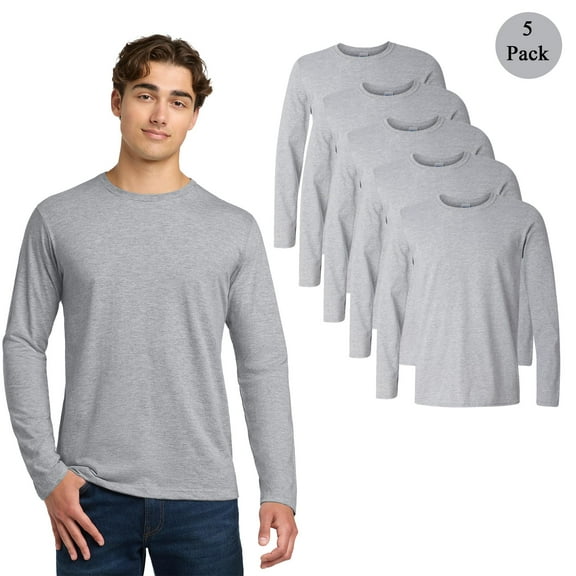 Gildan Men Softstyle Long Sleeve T-Shirt, Crewneck Cotton and Poly Blend Sport Grey Tee, 5-Pack, S
