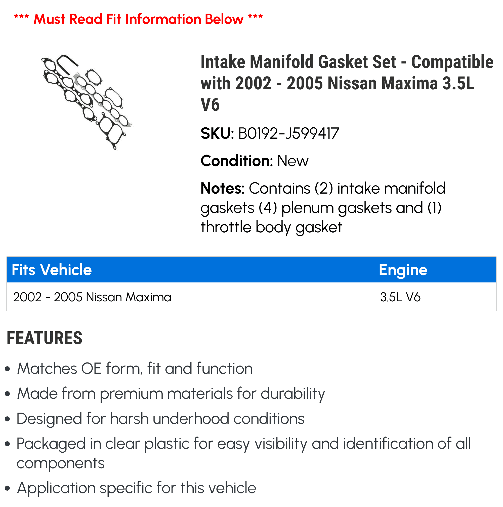 Intake Manifold Gasket Set - Compatible with 2002 - 2005 Nissan Maxima 3.5L V6 2003 2004