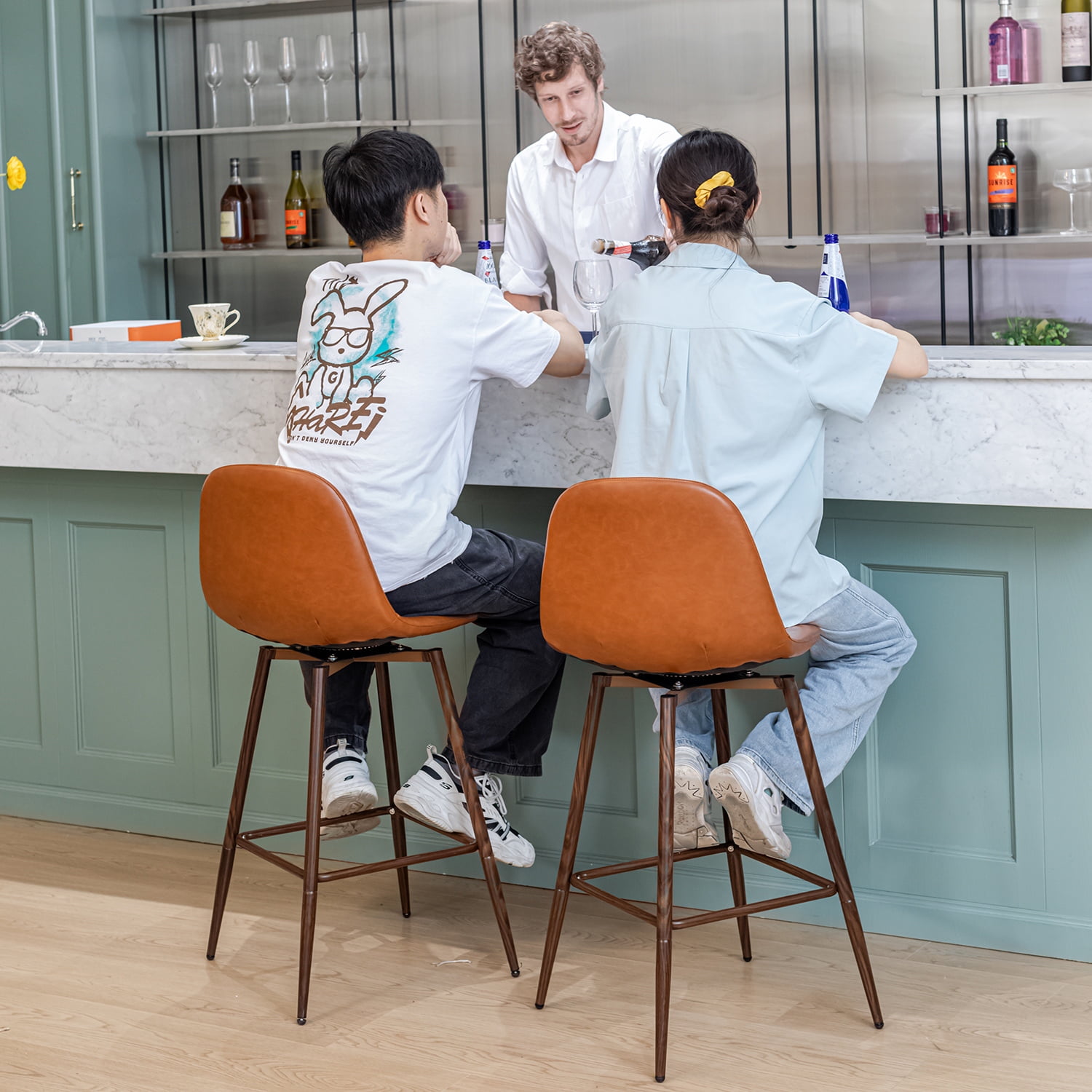 Homy Casa 26" Counter Height Bar Stools Set of 2, Swivel Stools for Kitchen Island, Caramel Brown