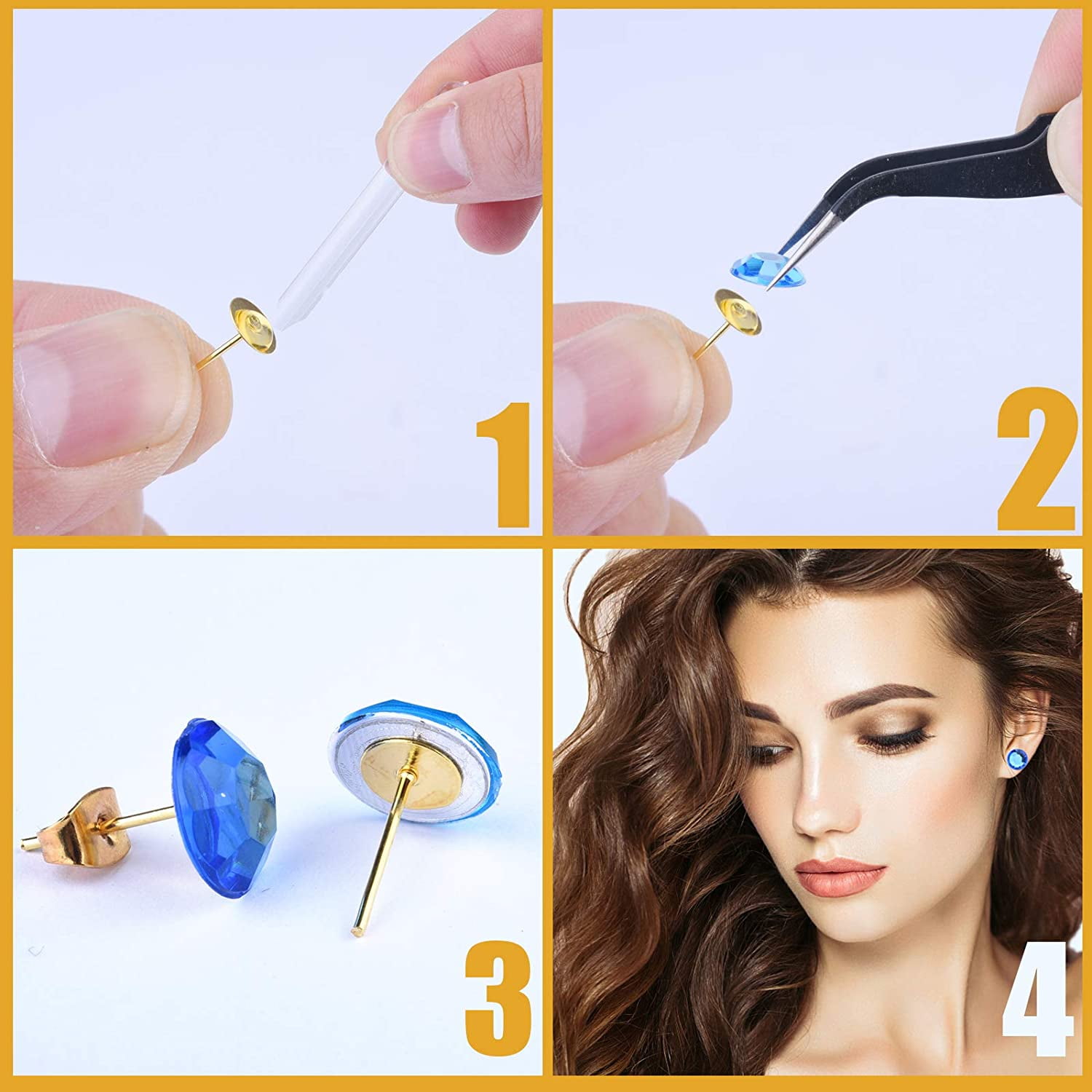 Adabele 100pcs Hypoallergenic Stud Earring Posts Findings Silver Plated  Brass 4mm Small Flat Board Glue On Setting with Earnut Backs for Earrings