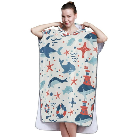 Hooded Beach Towel Adult Bath Poncho Towels Soft Absorbent Quick Dry for Surf Swim Pool Men Women Teens Lifebuoy Whale Starfish