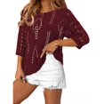 thumbnail image 5 of Crochet Coverups for Women Loose Fit Hollow Out Off the Shoulder Top Summer Beach Travel 3/4 Sleeve Swim Cover Up Wine XL, 5 of 7