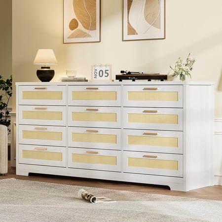 12 Drawer Rattan Dresser for Bedroom Modern Farmhouse Wooden Chest with Ample Storage Space Saving Nursery Dresser & Clothing Organizer for Closet Living Room Apartment White