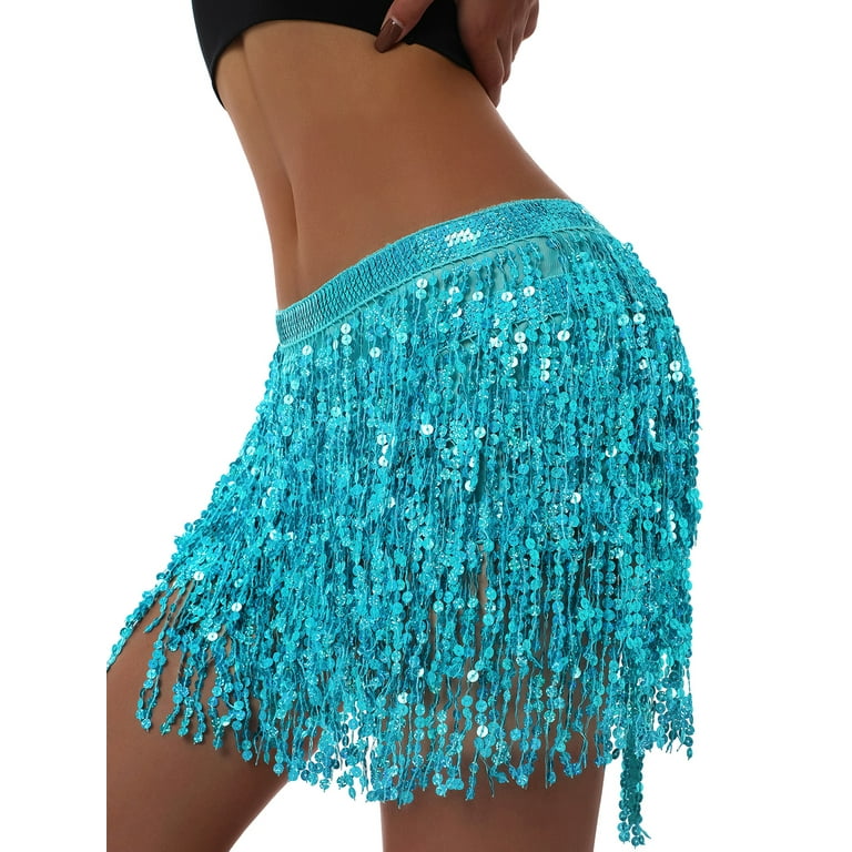 wybzd Women Sequin Tassel Skirt Reflective Rave Fringe Belly Dance Hip Scarf Wrap Skirt Party Club Mini Skirt Carnival Party Outfits Blue