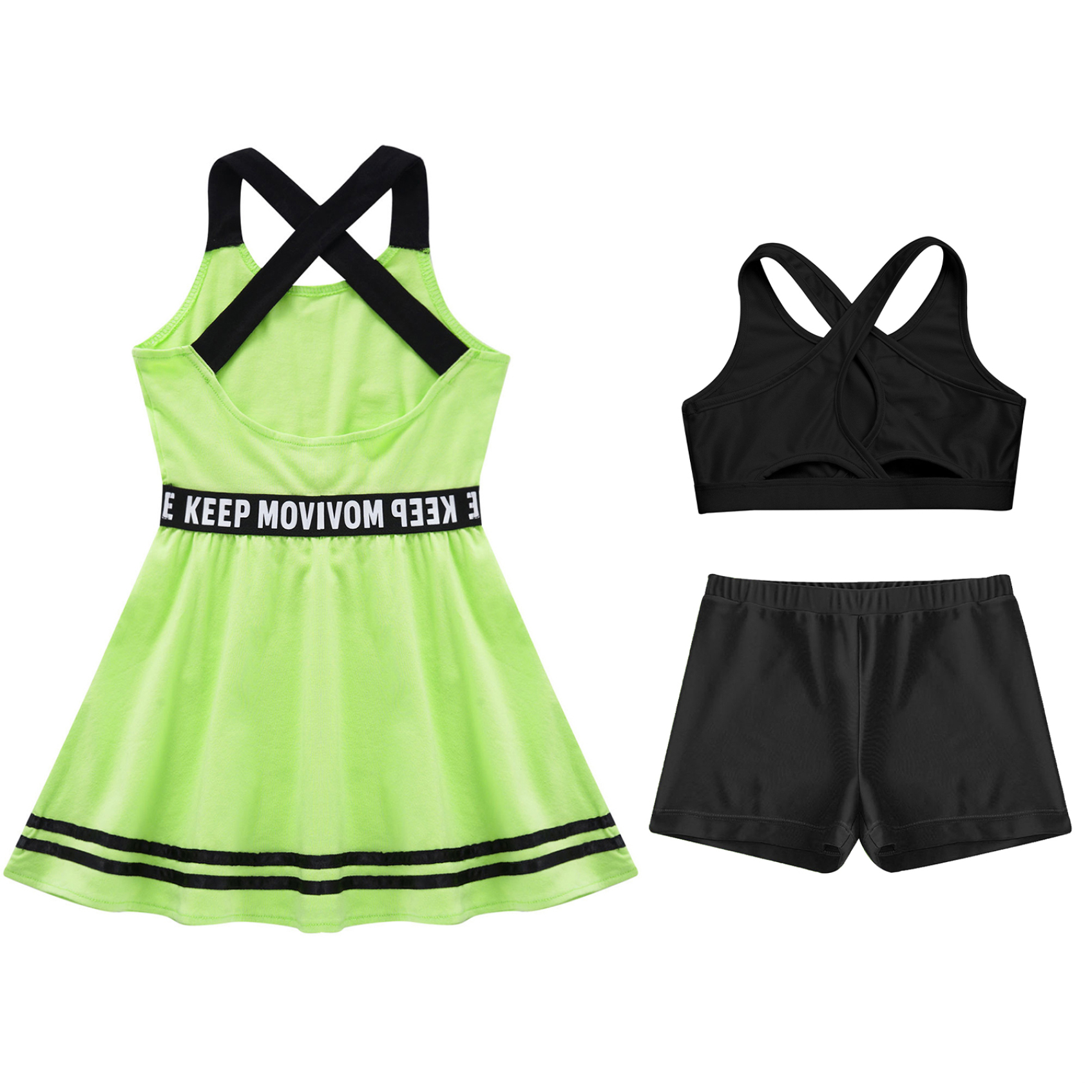 Miutii 3Pcs Kids Sports Tenins Outfits Girl Athletic A-line Dress with Racerback Bras Vest and Shorts Fluorescent Green 12