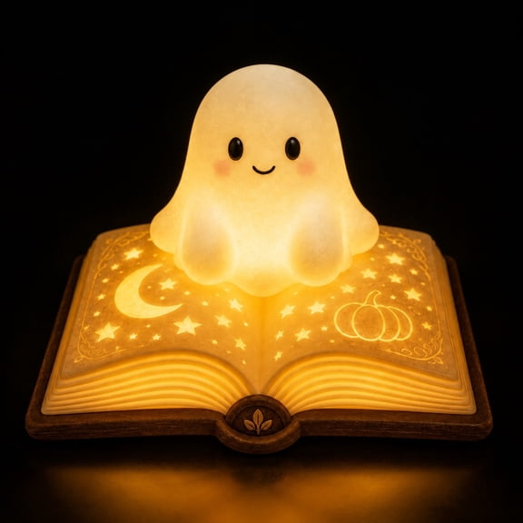 Cute Ghost Book Tea Light Holder, LED Candle Halloween Ornament, Spooky Decor for Bookshelf, Bedroom, Desk & Mantel