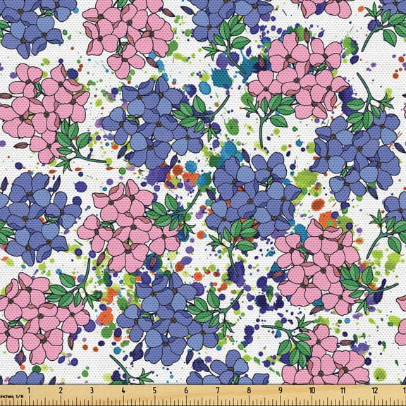 Ambesonne Floral Fabric by the Yard Upholstery, Flowers Splashes Drawings, 1 Yard, Soft Pink Dark Ceil Blue