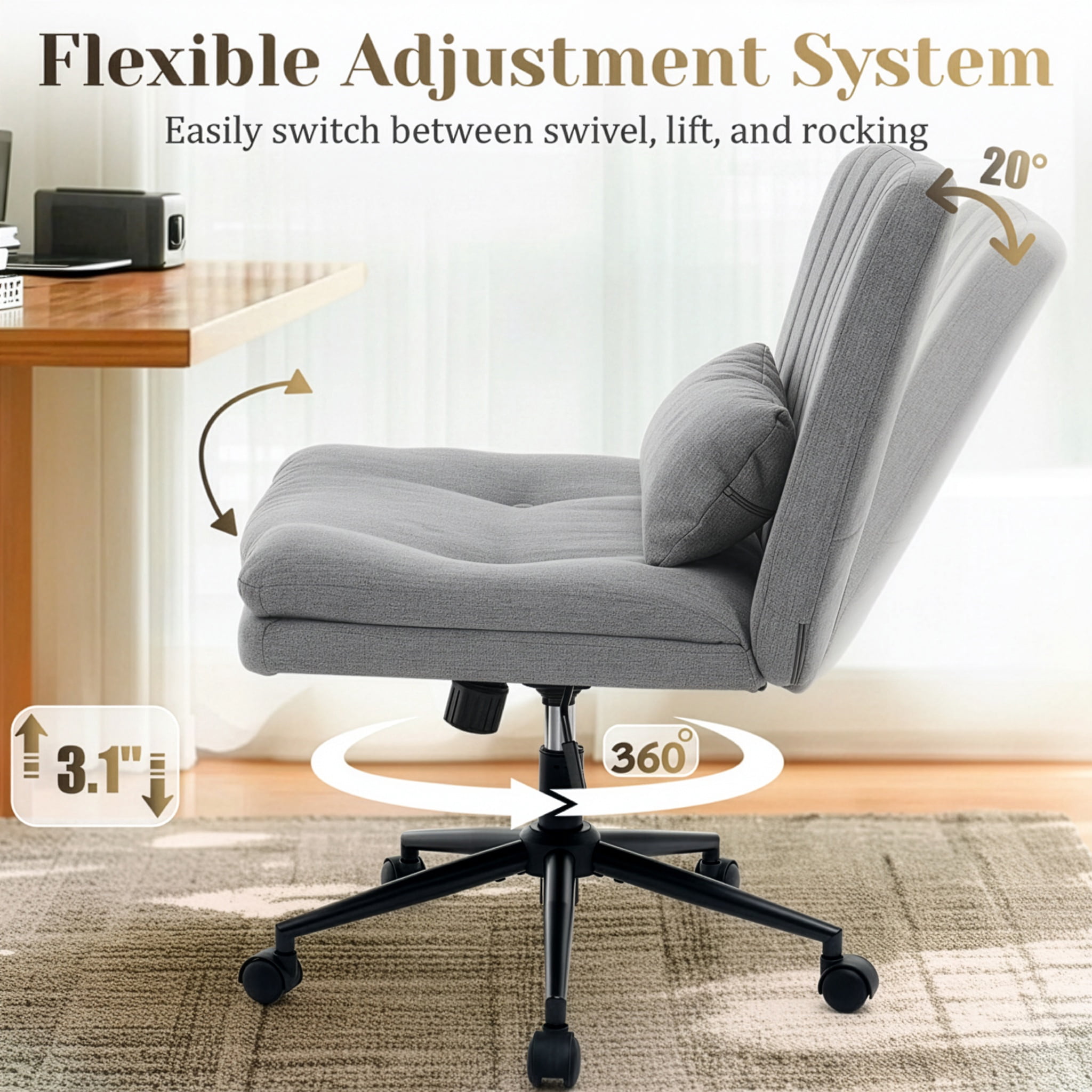 IPKIG Small Armless Criss Cross Chair, Adjustable Swivel Home Office Desk Chair with Lumbar Support Pillow for Computer, Living Room, Linen Gray